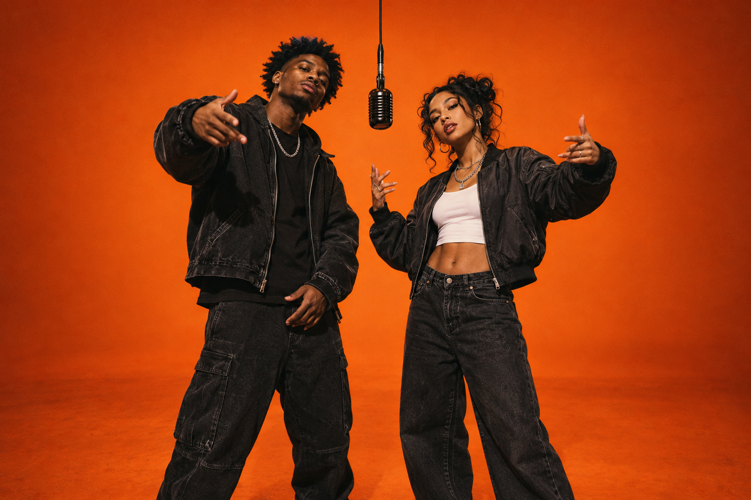 Hotel Lobby AI template concept: a rap duo performing against an orange backdrop